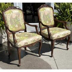 Pair of French Provincial Carved Walnut Chairs W Scalamandre Lampas - 3548776