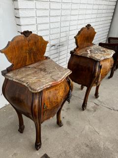 Pair of French Provincial Inlaid Bombe Nightstands with Shaped Marble Tops - 4489037