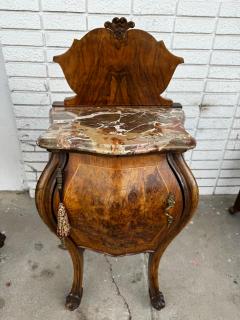 Pair of French Provincial Inlaid Bombe Nightstands with Shaped Marble Tops - 4489107