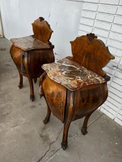 Pair of French Provincial Inlaid Bombe Nightstands with Shaped Marble Tops - 4489108