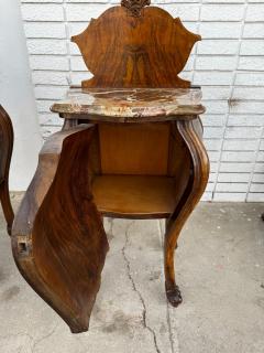 Pair of French Provincial Inlaid Bombe Nightstands with Shaped Marble Tops - 4489131