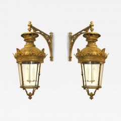 Pair of French Victorian Bronze Paneled Wall Lanterns - 4178341