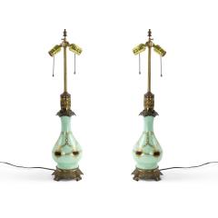 Pair of French Victorian Celadon Glass Table Lamps - 4693629