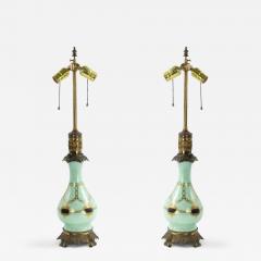 Pair of French Victorian Celadon Glass Table Lamps - 4693665