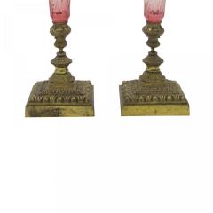 Pair of French Victorian Cranberry Swirl Glass Vases - 4655656