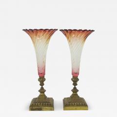 Pair of French Victorian Cranberry Swirl Glass Vases - 4662167