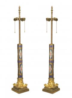 Pair of French Victorian Enamel Column Table Lamps - 4635744