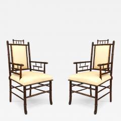 Pair of French Victorian Faux Bamboo Stained Walnut Armchairs - 661844