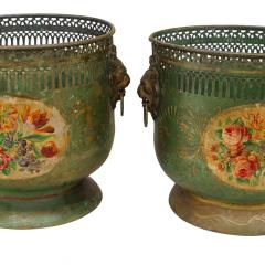 Pair of French Victorian Floral Tole Pots - 4322753