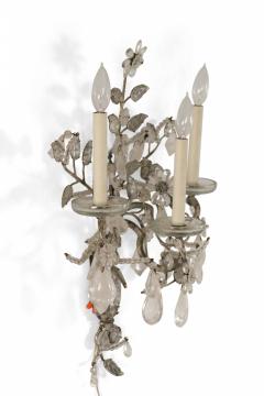Pair of French Victorian Metal Leaf and Floral Crystal Wall Sconces - 4170940