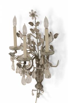 Pair of French Victorian Metal Leaf and Floral Crystal Wall Sconces - 4170941