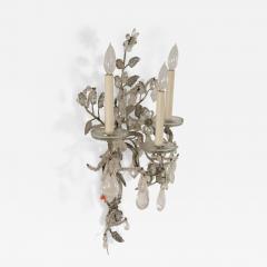 Pair of French Victorian Metal Leaf and Floral Crystal Wall Sconces - 4196037