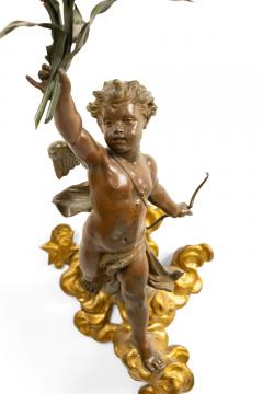 Pair of French Victorian Patinated Brass Cupid Wall Sconces - 4629232