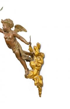 Pair of French Victorian Patinated Brass Cupid Wall Sconces - 4629235