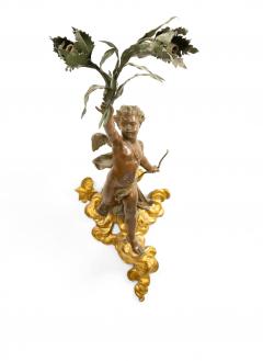 Pair of French Victorian Patinated Brass Cupid Wall Sconces - 4629238