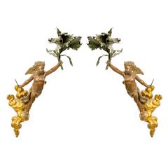 Pair of French Victorian Patinated Brass Cupid Wall Sconces - 4644928