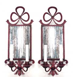Pair of French Victorian Red Tole and Mirror Bow Knot Wall Sconces - 4660376
