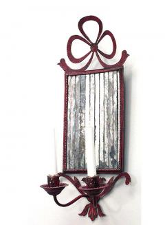 Pair of French Victorian Red Tole and Mirror Bow Knot Wall Sconces - 4660377