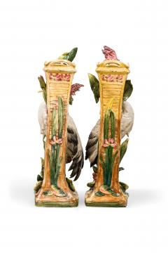Pair of French Victorian tall heron design Majolica porcelain vases - 4628944