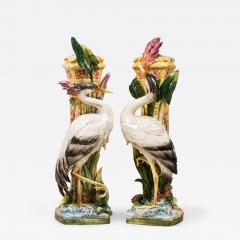 Pair of French Victorian tall heron design Majolica porcelain vases - 4630929