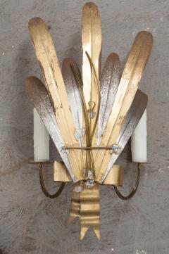Pair of French Vintage Gilt And Silvered Metal Cattail Leaf Sconces - 976237
