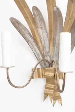 Pair of French Vintage Gilt And Silvered Metal Cattail Leaf Sconces - 976239