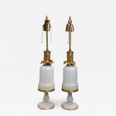 Pair of French White Opaline and Ormolu Oil Lamps Circa 1840 - 1734192