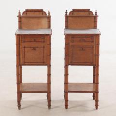 Pair of French birdseye maple and faux bamboo marble top night stands C 1880  - 3918786