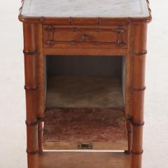 Pair of French birdseye maple and faux bamboo marble top night stands C 1880  - 3918818