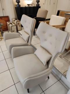 Pair of French greige Leather Armchairs - 3008022