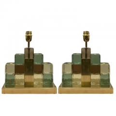 Pair of Geometric Murano Glass Interlocking Block and Brass Table Lamps - 4033371