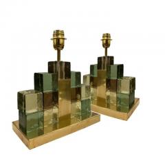 Pair of Geometric Murano Glass Interlocking Block and Brass Table Lamps - 4033372