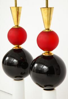 Pair of Geometric Red White and Black Murano Glass and Brass Lamps Italy - 3780009