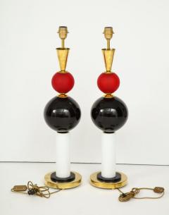 Pair of Geometric Red White and Black Murano Glass and Brass Lamps Italy - 3780015