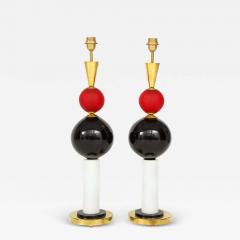 Pair of Geometric Red White and Black Murano Glass and Brass Lamps Italy - 3782109