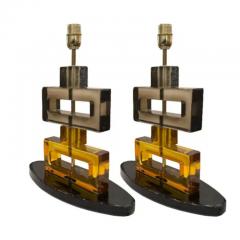 Pair of Geometric Stacked Murano Glass Block Table Lamps - 4033368