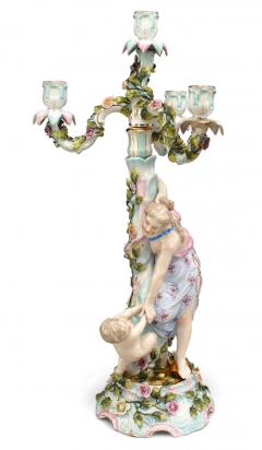 Pair of German Dresden Porcelain Candelabras with Lady and Child Figures - 4635655