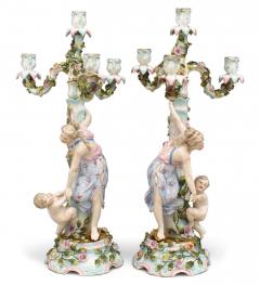 Pair of German Dresden Porcelain Candelabras with Lady and Child Figures - 4642267
