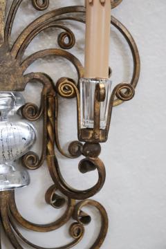 Pair of Gilded Iron and Crystal Sconces by Maison Bagu s 1950s - 3864327