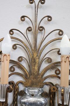 Pair of Gilded Iron and Crystal Sconces by Maison Bagu s 1950s - 3864330