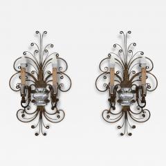 Pair of Gilded Iron and Crystal Sconces by Maison Bagu s 1950s - 3867059