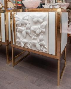 Pair of Glass and Brass Nightstands with Midcentury Butterfly Porcelain Panels - 3035670