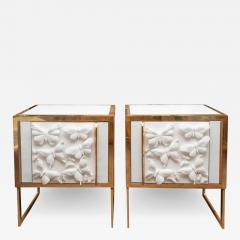 Pair of Glass and Brass Nightstands with Midcentury Butterfly Porcelain Panels - 3053092