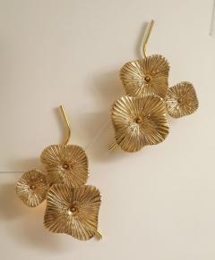 Pair of Gold Bronze Murano Flower Floral Glass and Brass Sconces Italy - 3879799