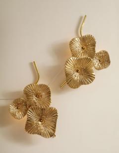 Pair of Gold Bronze Murano Flower Floral Glass and Brass Sconces Italy - 3879800