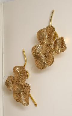 Pair of Gold Bronze Murano Flower Floral Glass and Brass Sconces Italy - 3879806