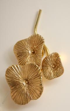 Pair of Gold Bronze Murano Flower Floral Glass and Brass Sconces Italy - 3879808