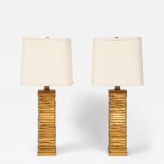 Pair of Gold Tone Metalic Column Lamps  - 4203805