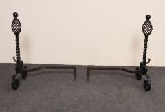 Pair of Gothic Revival Firedogs Andirons with Basket Twist and Scroll Motif - 4452689