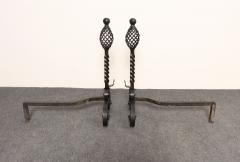 Pair of Gothic Revival Firedogs Andirons with Basket Twist and Scroll Motif - 4452690